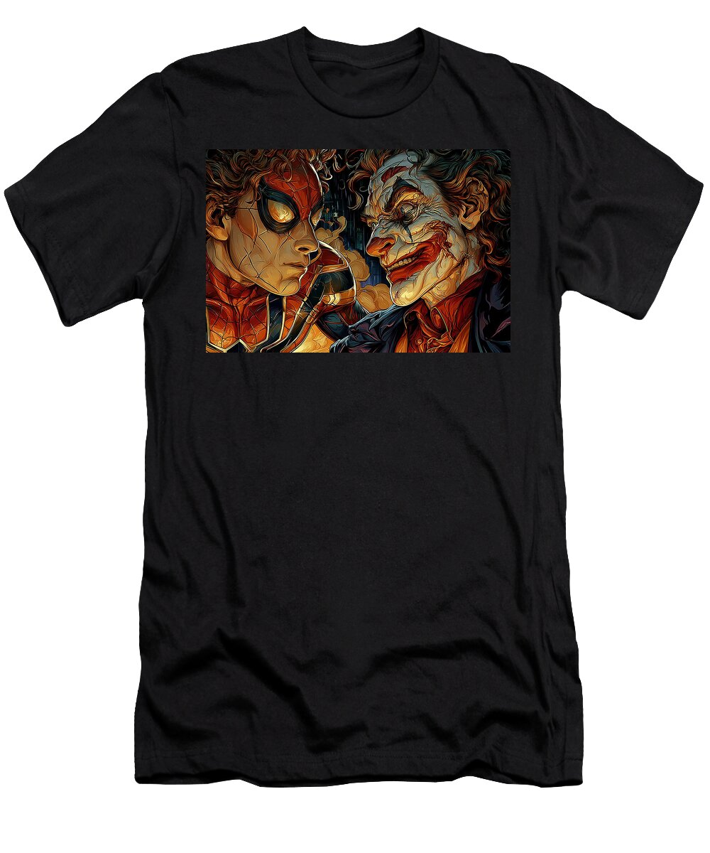 Spider Man Faces Off with Joker Kevin Walker and Pixel Reverie T-Shirt