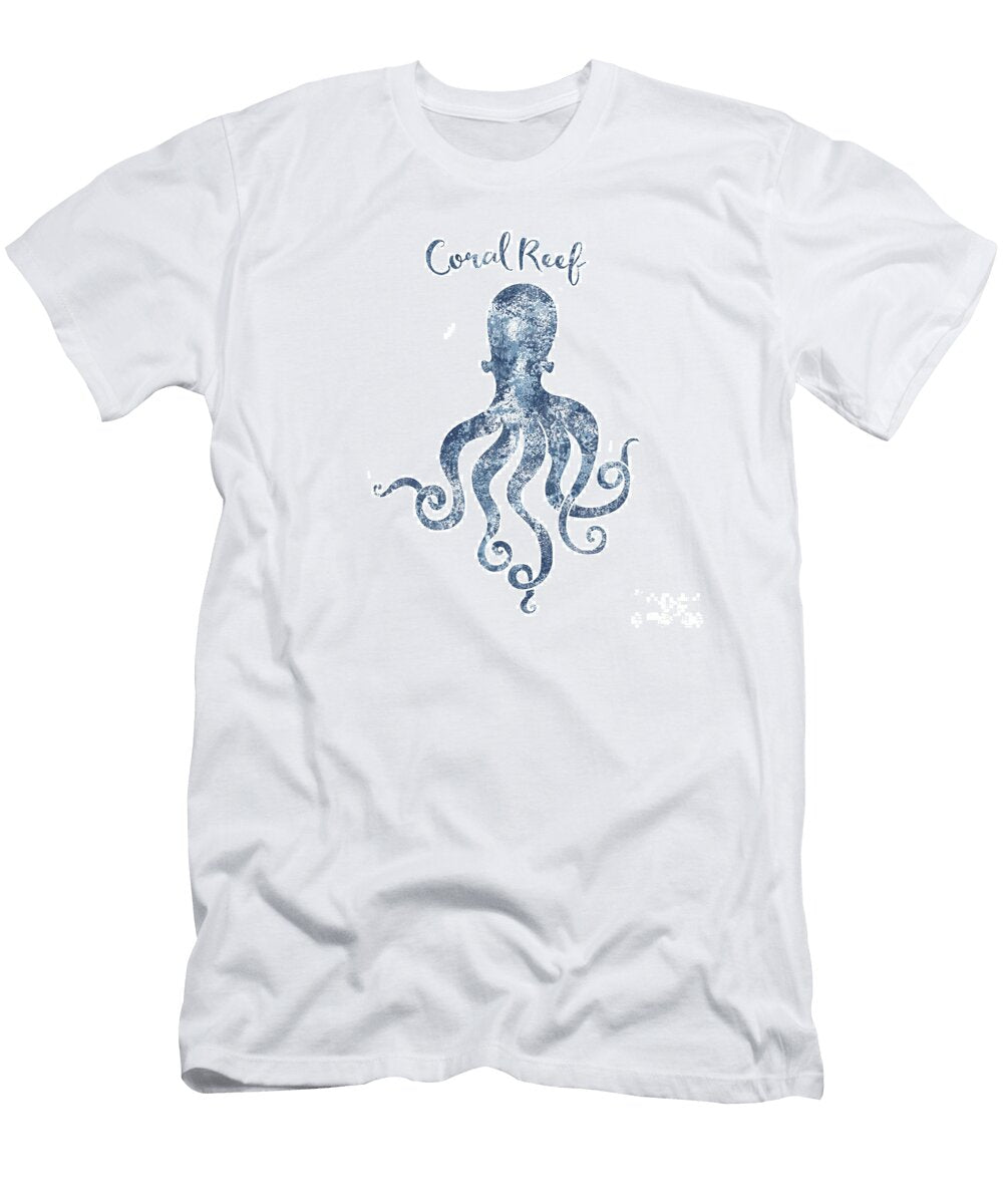 Sponge Painted Octopus Coral Reef Habitat Delft Blue Nautical Art Tina Lavoie T-Shirt