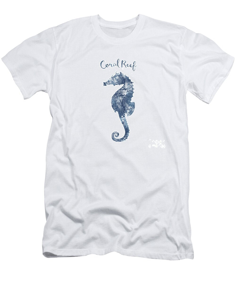 Sponge Painted Seahorse Coral Reef Silhouette Delft Blue Nautical Art Tina Lavoie T-Shirt