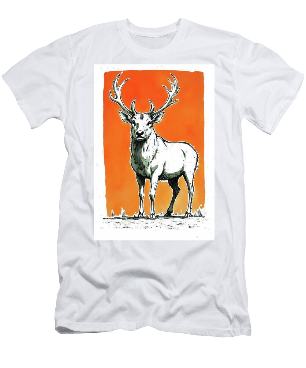 Stag Portrait Illustration with Orange Backdrop Wall Art Prints T-Shirt