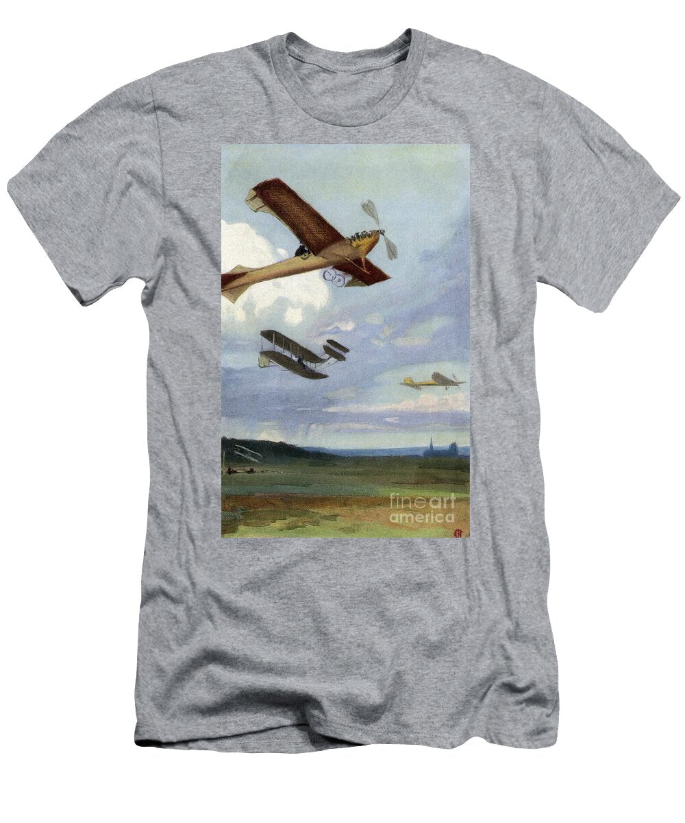 Start of Aviation Airplanes in Flight During an Air Meeting Held in Reims Marne During the Aviation Week in 1909 Colouring Reproduction Halftone of an Illustration American School T-Shirt