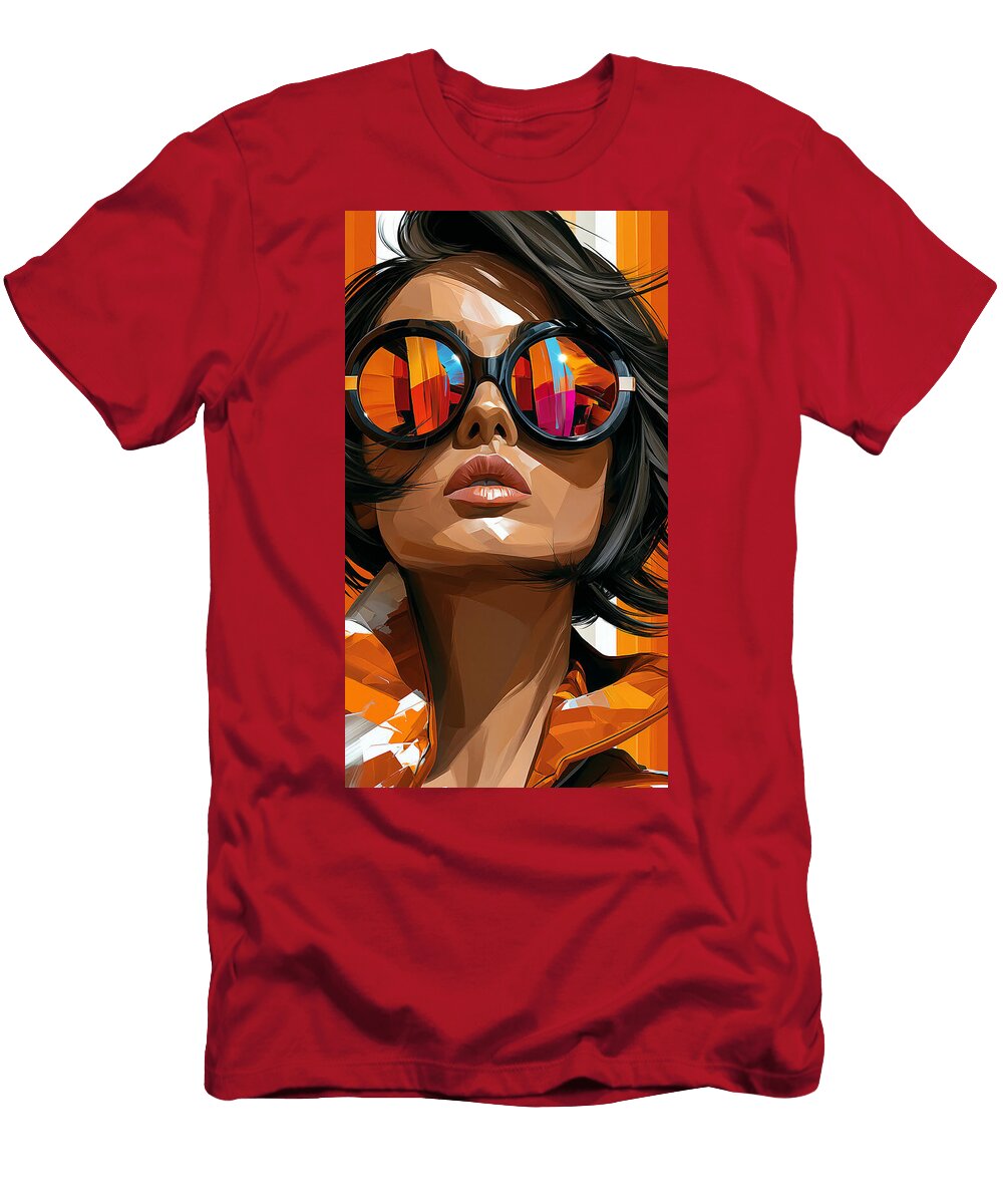 Stylish Woman with Reflective Sunglasses Kevin Walker and Pixel Reverie T-Shirt