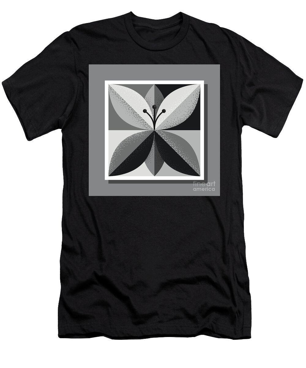 Stylized Black and White Flower on Square Check Background with Stippled Shading Jane Rix T-Shirt