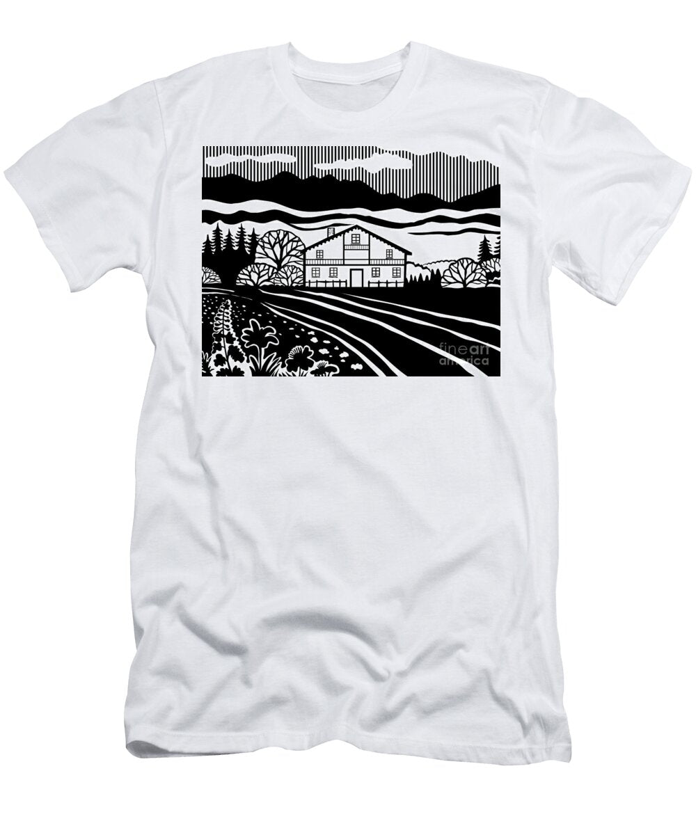Swiss Chalet Style House in the Meadows of Switzerland in Black and White Retro Stencil Style Aloysius Patrimonio T-Shirt