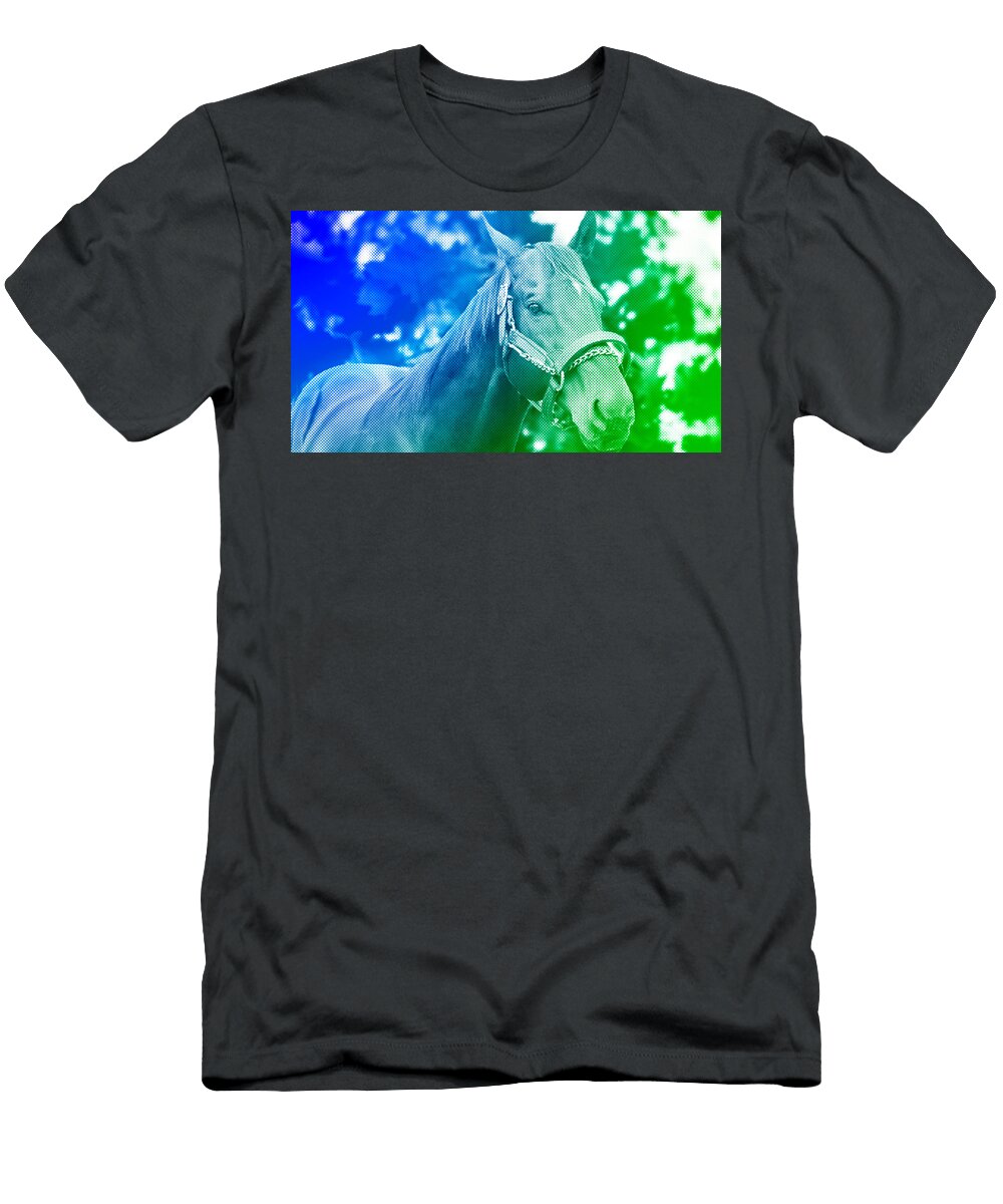 Thoroughbred Horse Portrait Green and Blue Halftone Pattern Nicko Prints T-Shirt