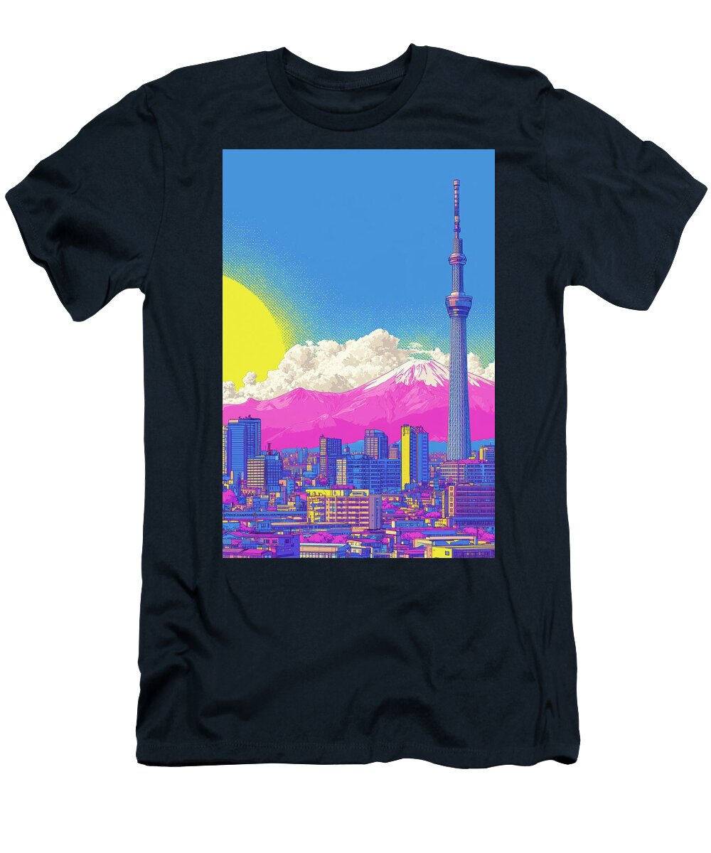 Tokyo Pop Art Neon Yellow Sun with Pink Fuji Skylinevistas T-Shirt
