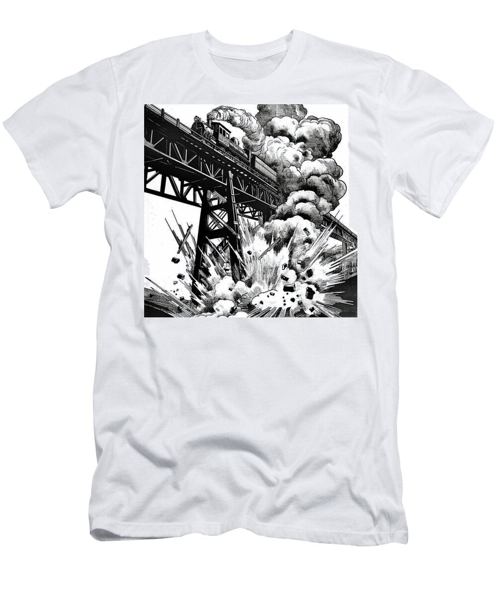 Train Trestle Explosion Comic Book Art 49 Mad Paperairplanes T-Shirt