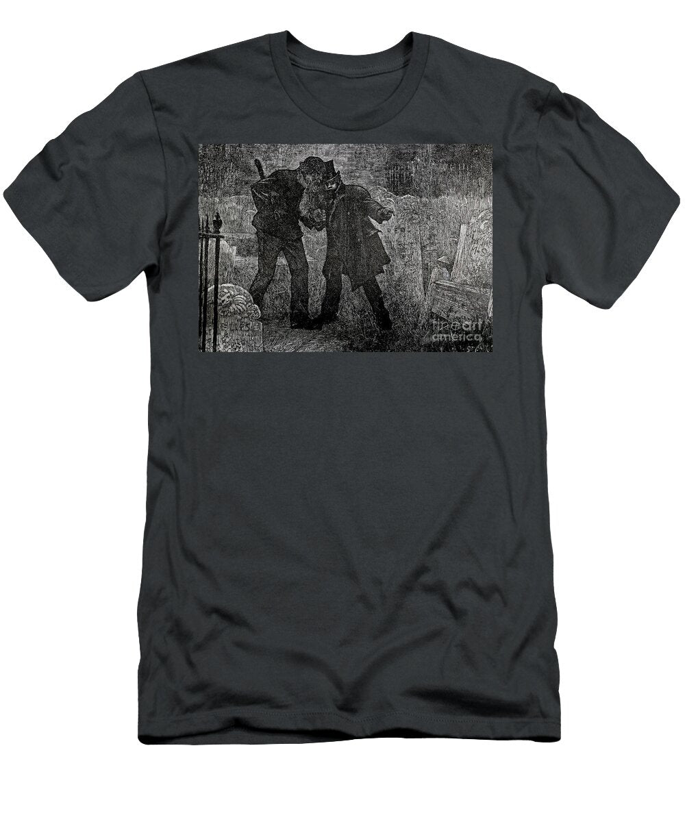 Two Men in a Graveyard in the Dark of Night Line Drawing Art Pete Klinger T-Shirt