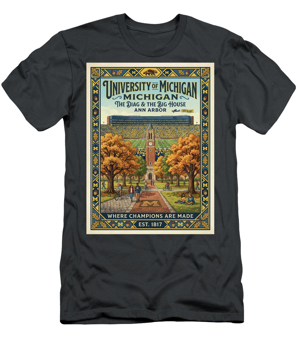 University of Michigan Campus Scene Iconic Vintage Travel Poster Sampadart Gallery T-Shirt