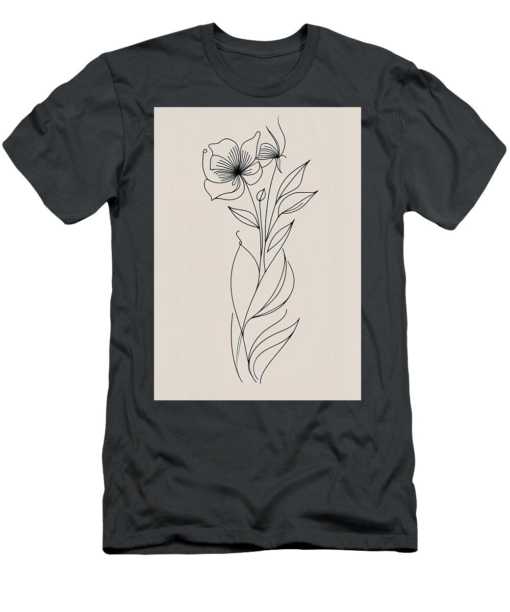 Vertical Line Art Flower and Leaves Minimalist Botanical Illustration Inciso Digitale T-Shirt