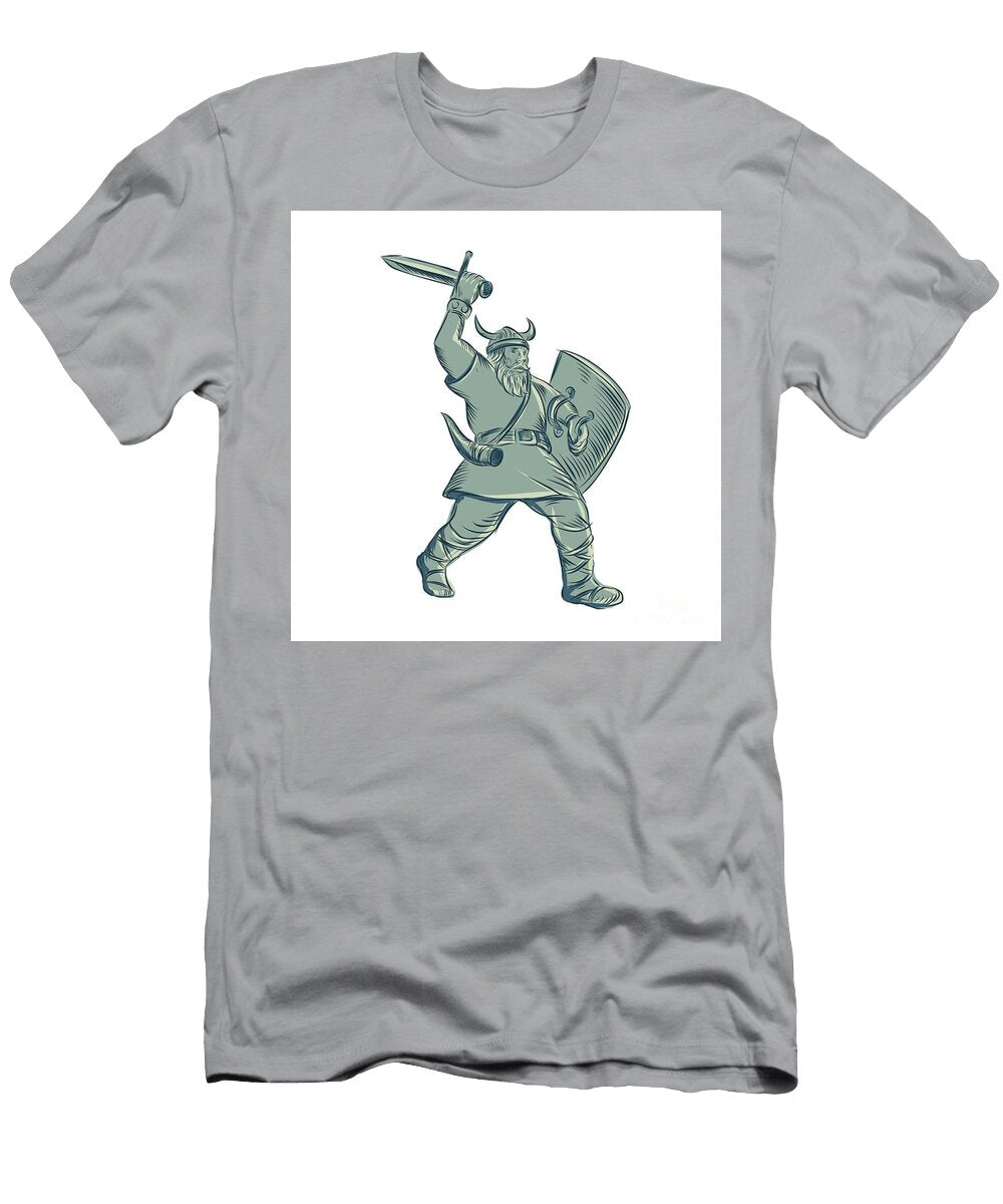 Viking Warrior Striking Sword Etching Aloysius Patrimonio T-Shirt