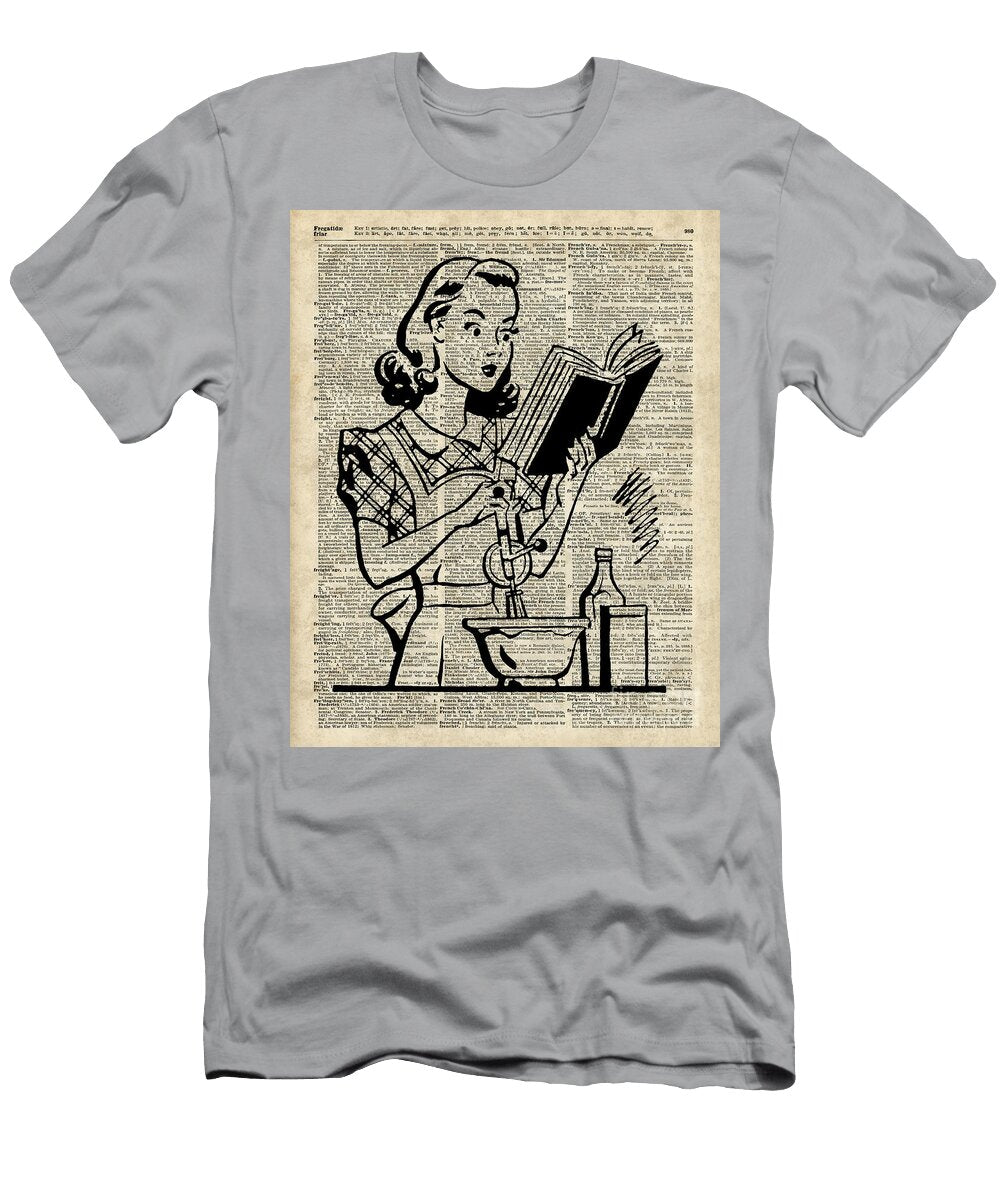 Vintage Stencil of Cooking Girl Over Old Dictionary Book Page Jacob Kuch T-Shirt
