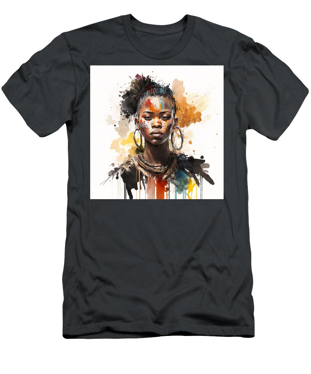 Watercolor Painting Set Hyper Realistic Character Concept Art Beautiful African Tribe Women No 01 Mounir Khalfouf T-Shirt