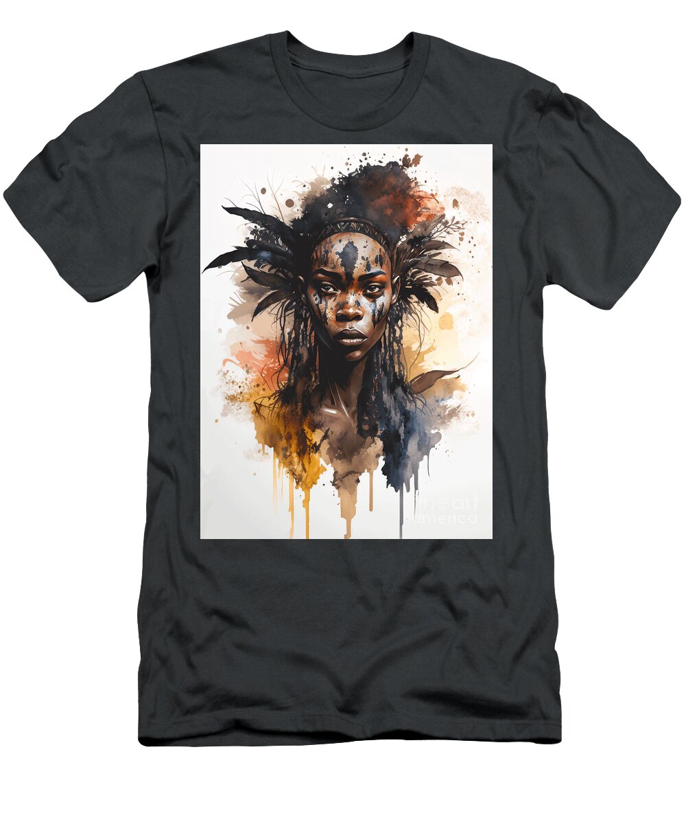 Watercolor Painting Set Hyper Realistic Character Concept Art Beautiful African Tribe Women No 02 Mounir Khalfouf T-Shirt