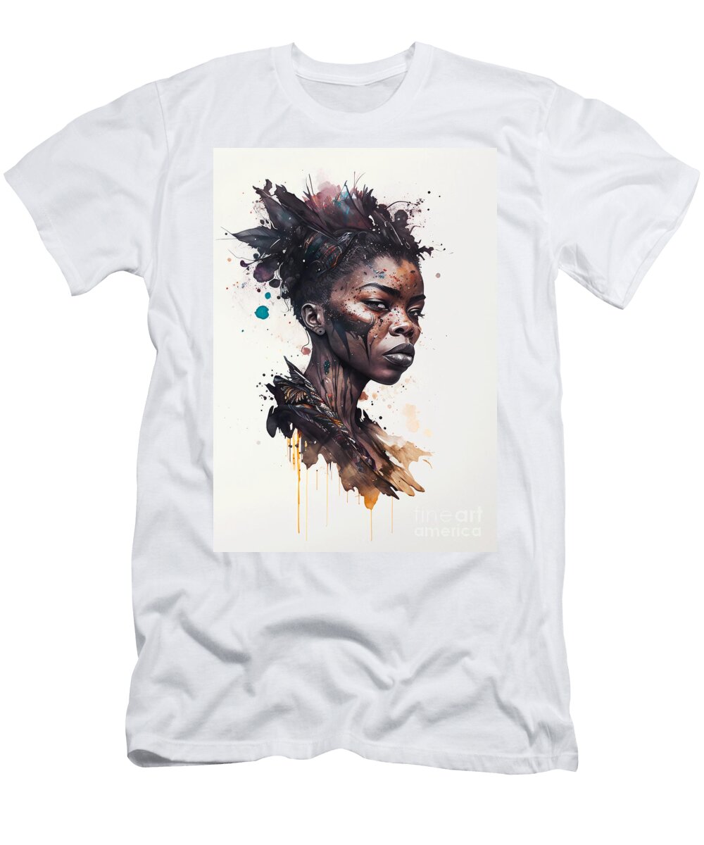 Watercolor Painting Set Hyper Realistic Character Concept Art Beautiful African Tribe Women No 03 Mounir Khalfouf T-Shirt