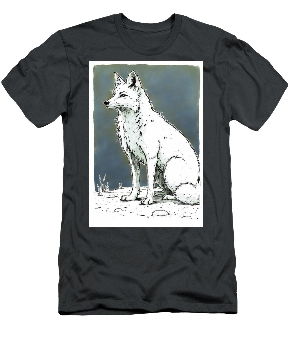 White Wolf Sitting in a Field Illustrated Against Dark Backgroun Wall Art Prints T-Shirt
