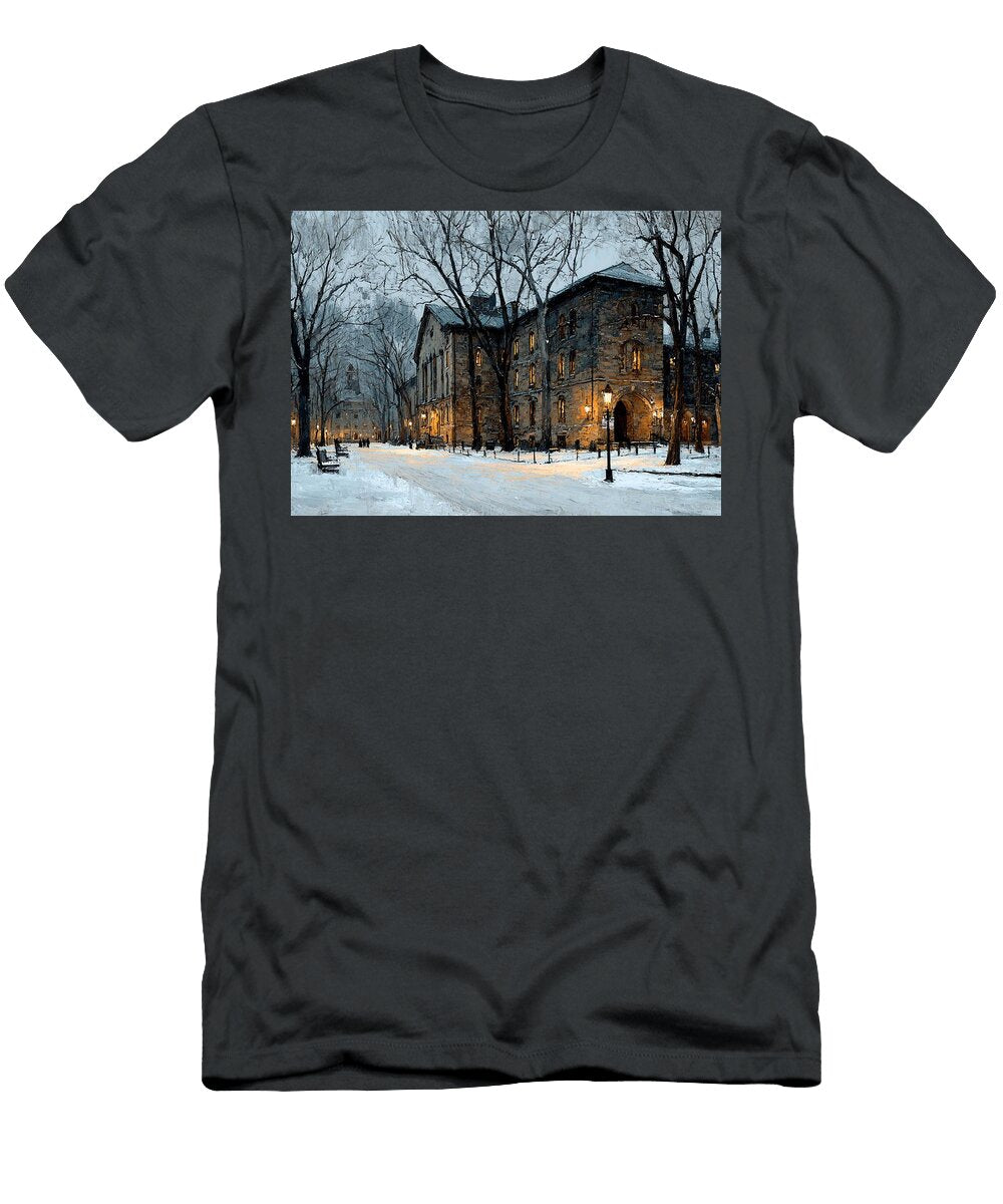 Winter Snowy Scene Historic Building Exterior Princeton University Nassau Hall Snowy Winter Day Cozy Grover Mcclure T-Shirt