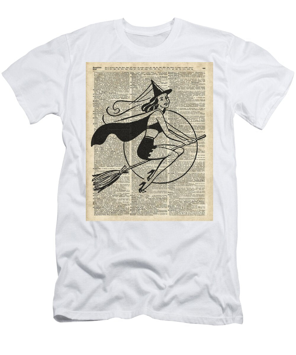 Witch Flying on Broomhaloowen in Vintage Style Dictionary Art Jacob Kuch T-Shirt