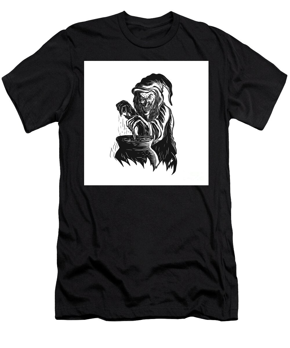 Witch Stirring Brew Pot Scratchboard Aloysius Patrimonio T-Shirt