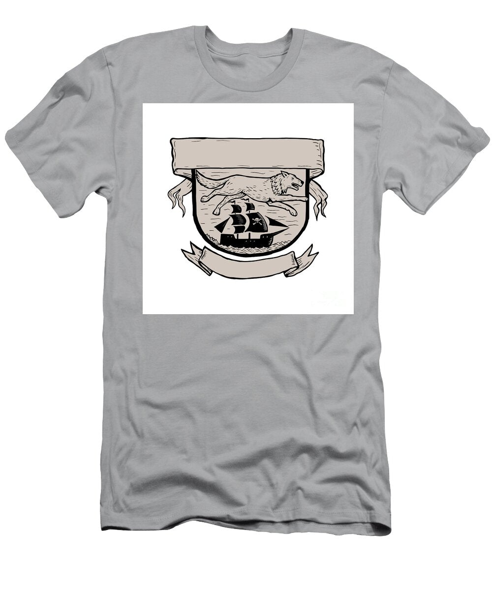 Wolf Running Over Pirate Ship Crest Scratchboard Aloysius Patrimonio T-Shirt