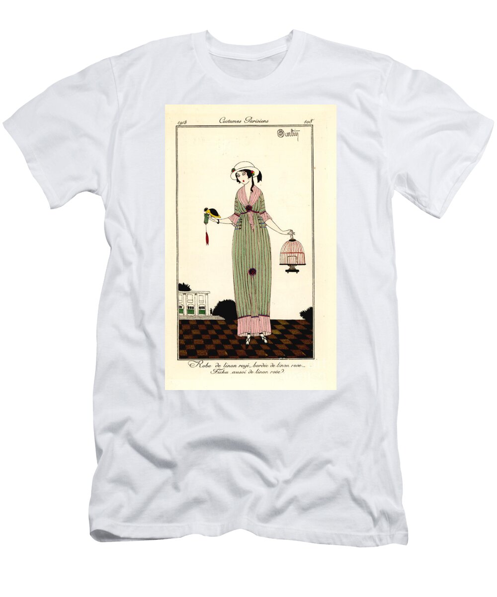 Woman in Striped Linen Dress Holding a Bird and Cage 1913 Stencil Charles Martin T-Shirt