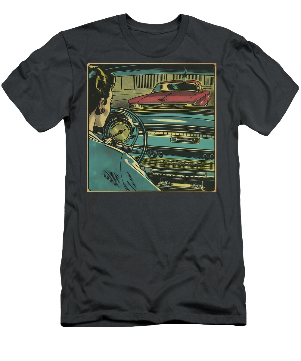 Woman in Traffic Lane Comic Book Art 44 Mad Paperairplanes T-Shirt