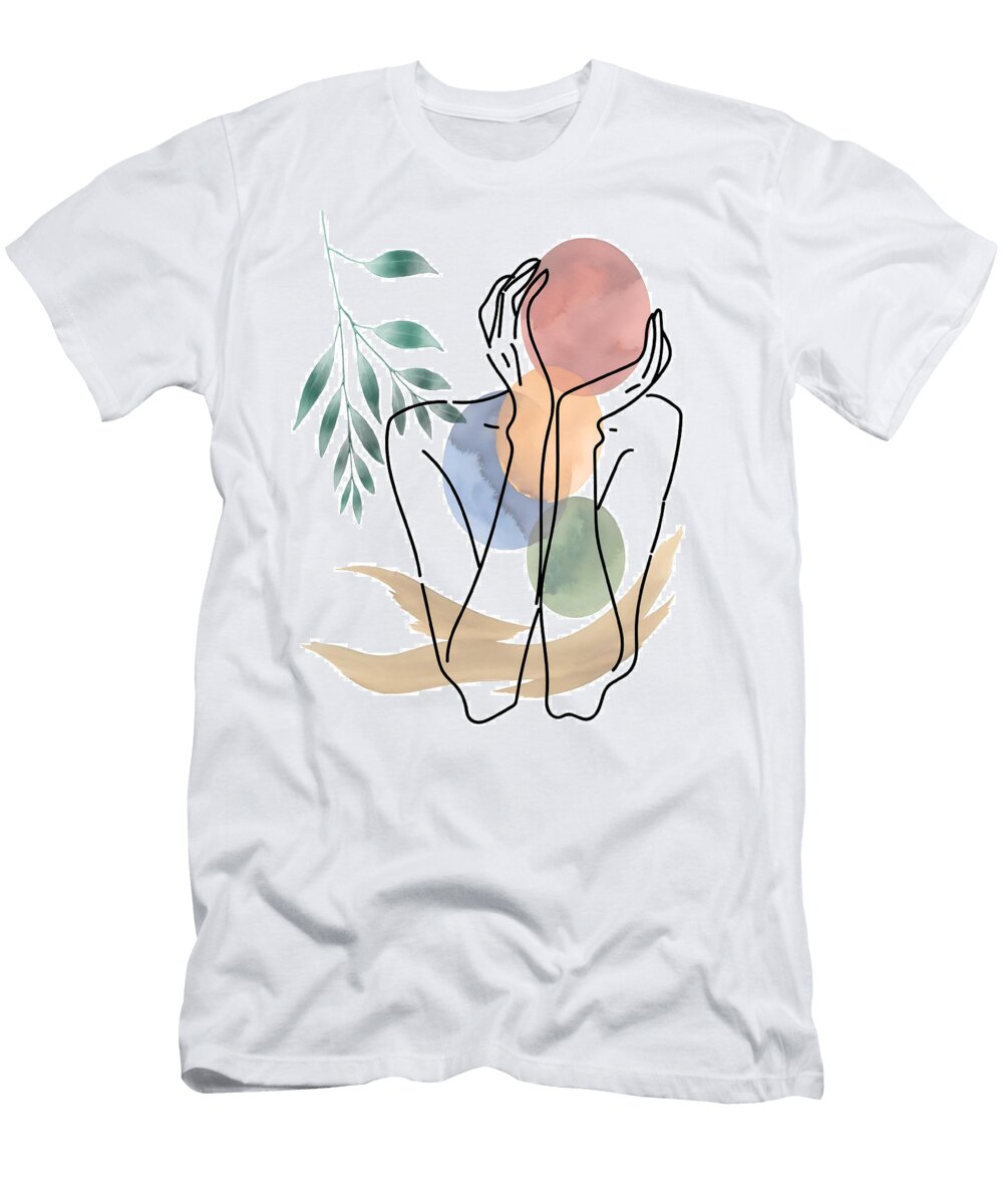 Woman Lady Girl Minimal Hands Body Line Art Wataercolor Abstract Fashionable Leaves and Shapes Mounir Khalfouf T-Shirt