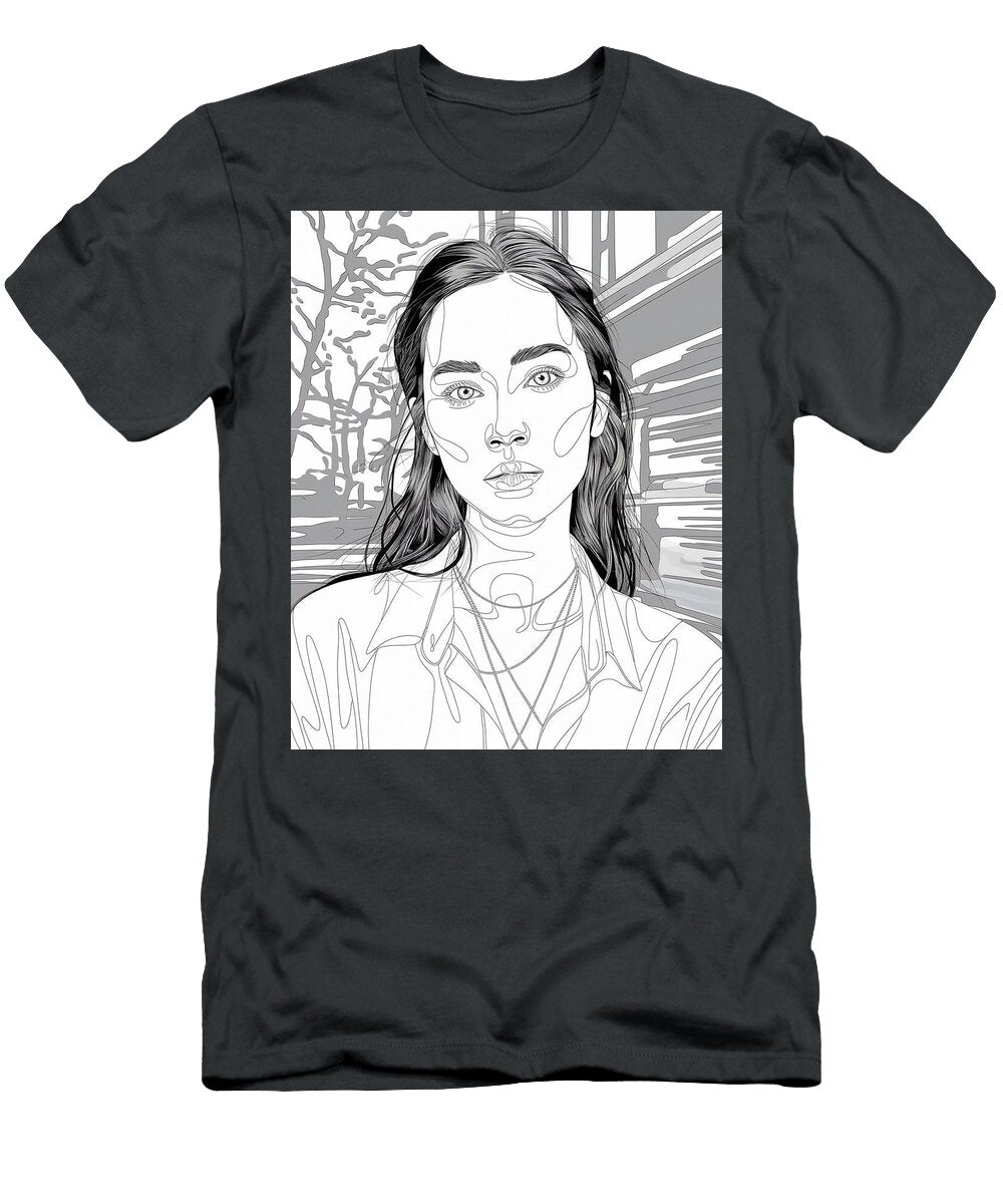Woman Long Hair Line Drawing Black and White Pencil Drawing Woman Girl Portrait Mounir Khalfouf T-Shirt