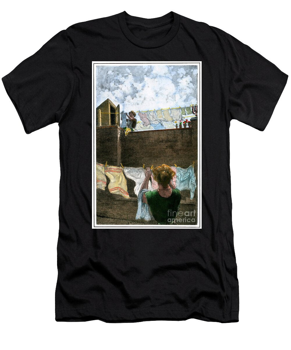 Women Extending Their Laundry on Rooftop Clotheslines Early 1900s Hand Colored Halftone Reproduction of an Illustration American School T-Shirt