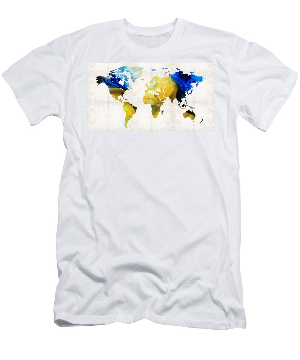 World Map 16 Yellow and Blue Art By Sharon Cummings Sharon Cummings T-Shirt