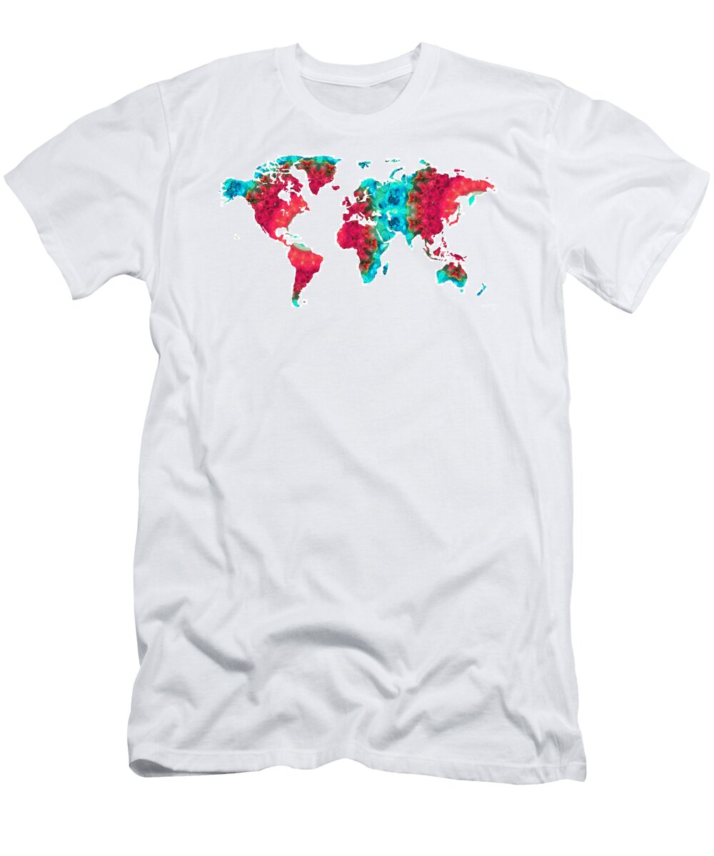 World Map 36 Blue and Red Art Sharon Cummings Sharon Cummings T-Shirt